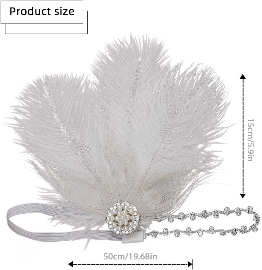 GENBREE 1920s Flapper Headpiece White Feather Headband Rhinestone Hair Accessories for Women and Girls - Image 6