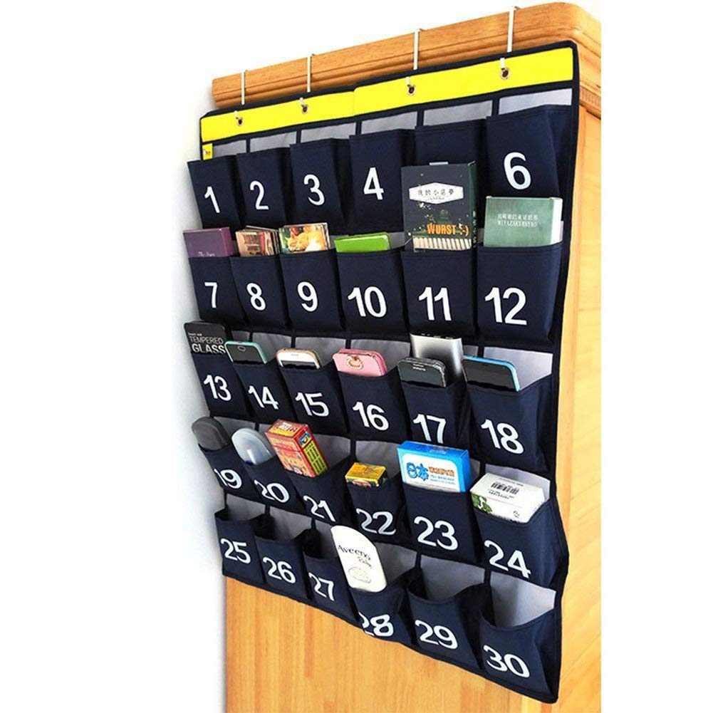 AFUNTA 30 Numbered Pockets Classroom Calculator Holder & Cell Phone Pockets Chart Organizer Hanging Door And Wall Storage Bag With 4 Adhesive Hooks 4 Door Hooks Navy