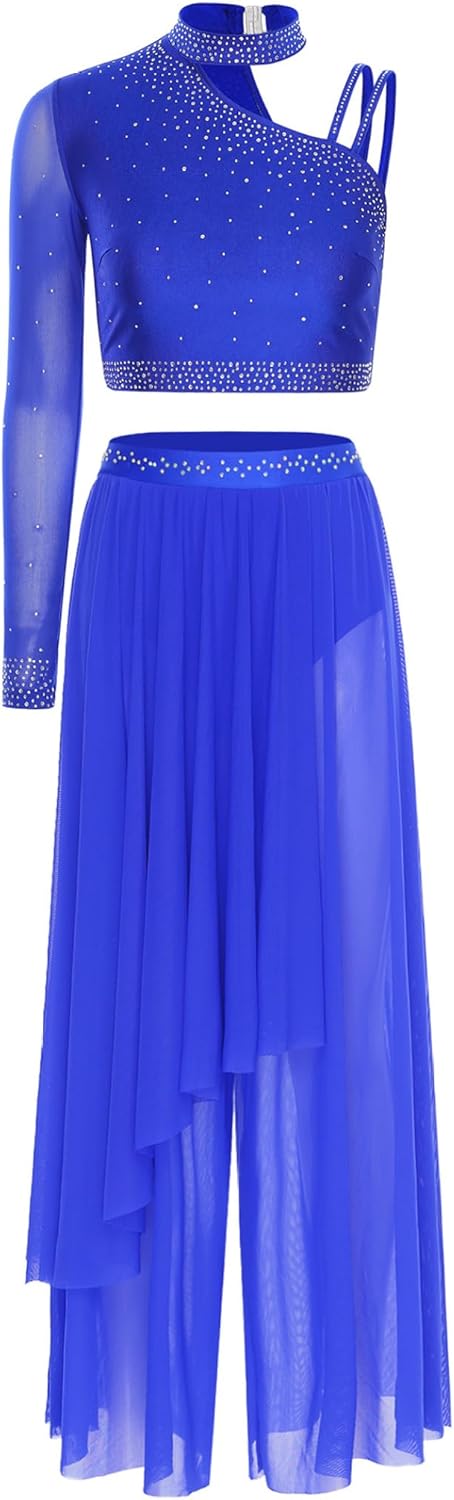 [Sinleey] 女性用 抒情ダンスコスチューム 非対称ショルダーのクロップトップと透け感のあるパンツ 現代的な衣装 ロイヤルブル