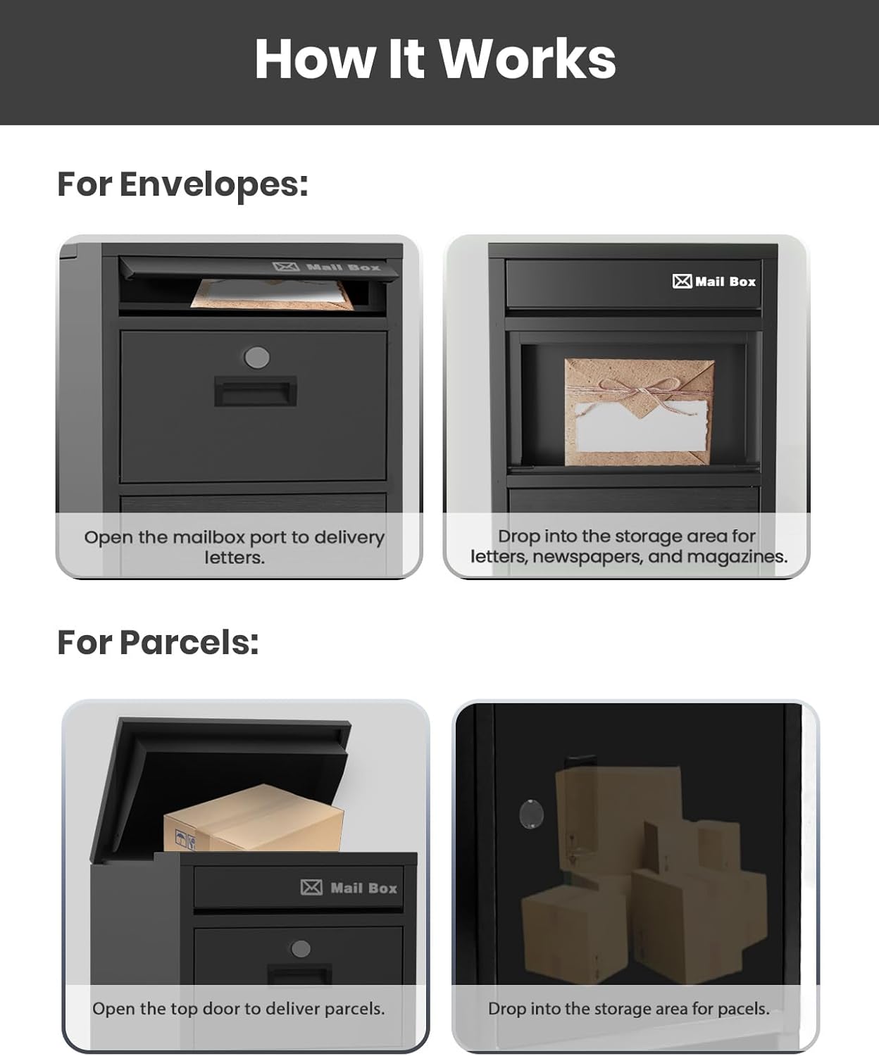 Package Delivery Boxes for Outside, No Assembly Required Outdoor Parcel Drop Boxes with Lock, Large Storage, Anti-Theft Design, Waterproof for Porch/Curbside (Black 16"×16"×38.1"）