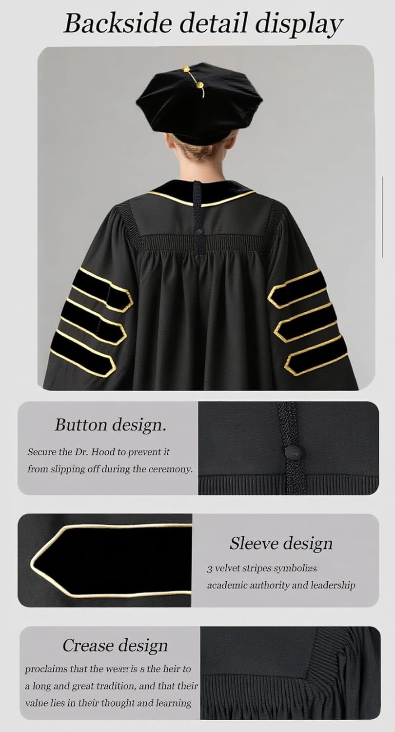 GradPlaza Doctoral Graduation Gown and Doctoral Tam 8 Side with Gold Piping for University