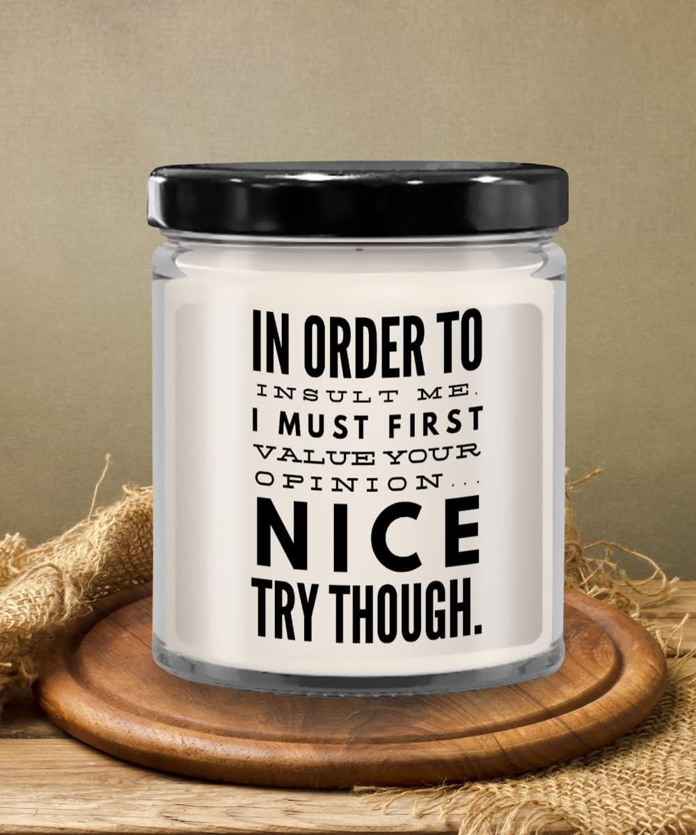in Order to Insult Me I Must First Value Your Opinion Sarcastic Candle with Funny Sayings for Friends Coworker Office Humor Ideas for Boss Novelty 9 O