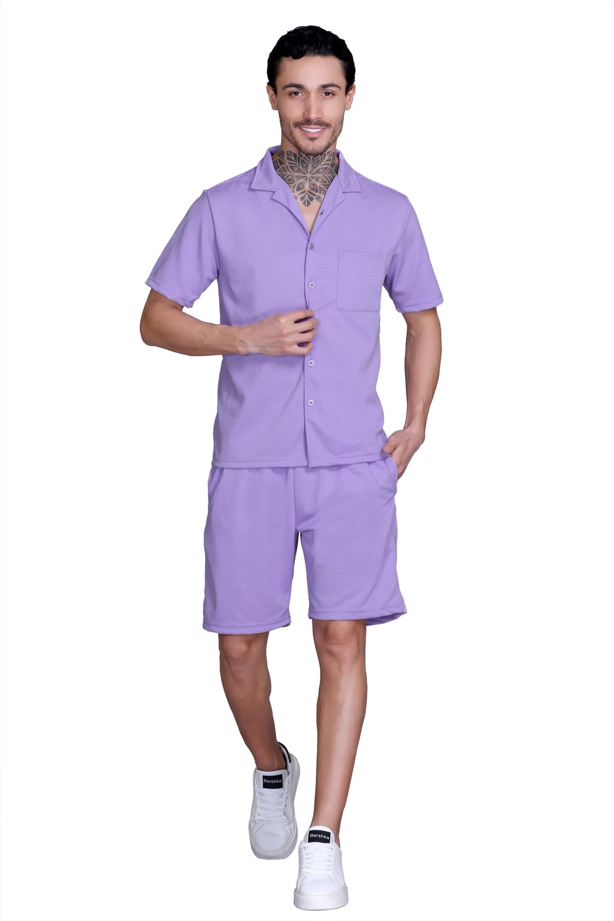 Stylish Cord Set for Men Summer|Polyster co-ord Set with Collar for Men Half Sleeve|Regular fit Relaxed Night Dress-picture-17