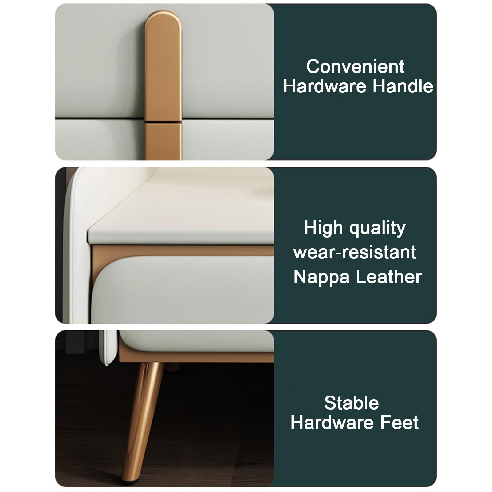 Moderner Nachttisch mit 2 Schubladen, eleganter hölzerner Nachttisch mit vergoldeten Stahlgriffen, Nappalederplatte, ideal für Schlafzimmer und Wohnzimmer