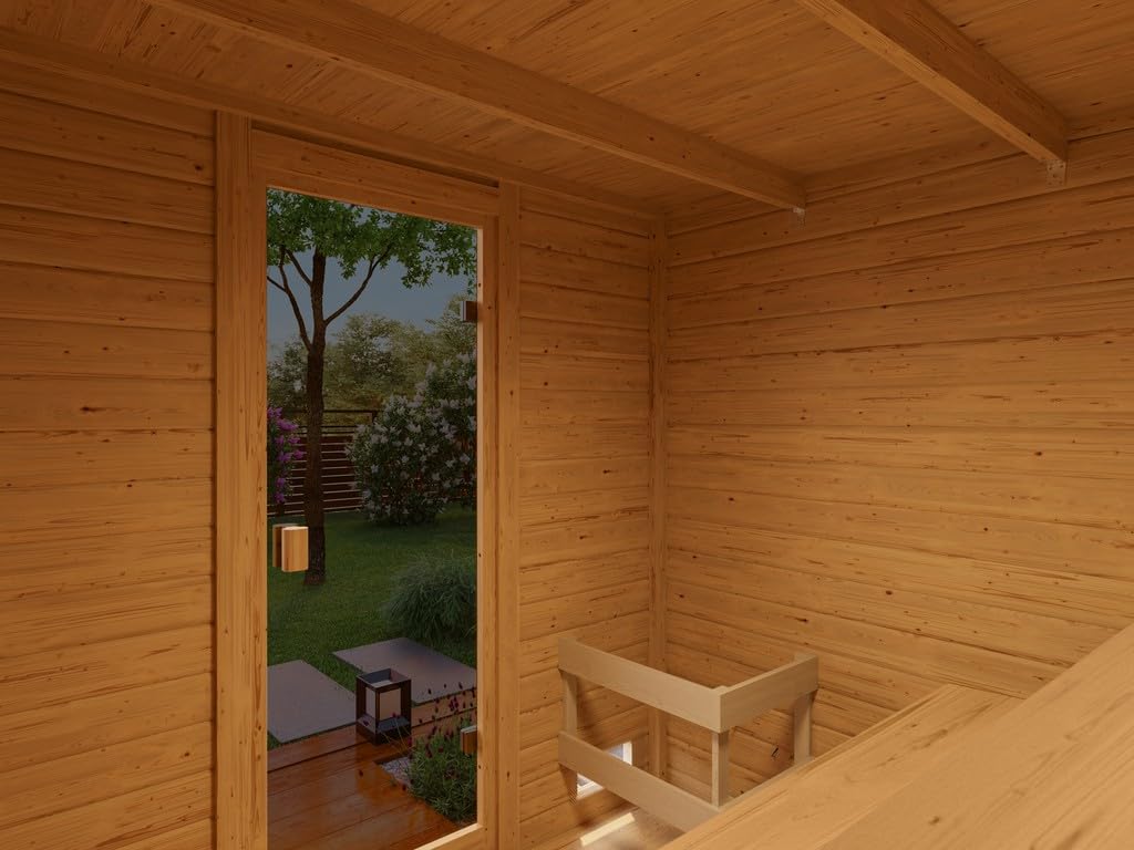 Karibu Gartensauna 230,8x189,9x219,5cm│Garten Sauna aus Fichte 38mm│mit bronzierter Glastür & 2 Liegen│Fronteinstieg│Massivholz│9kW Saunaofen mit EXT. Steuerung│für 2–4 Personen + Boden