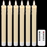 GenSwin Drip Wax Flameless Taper Candles Flickering with 10-Key Remote, Battery Operated Led Warm 3D Wick Light Window Candles Real Wax Pack of 6 Christmas Home Wedding Decor(Ivory, 0.78 X 9.64 Inch)