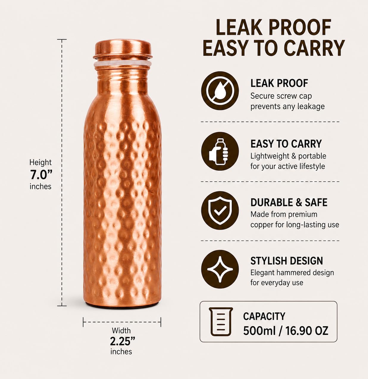 Bouteille d'eau en cuivre pur Fabriquée à la main Petite taille de 425 ml facile à transporter pour le sport, Finition en cuivre martelé naturel