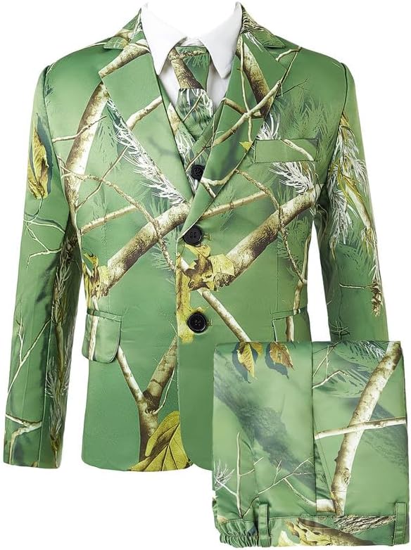 Boys Dark Green Camo 3 Piece Suit 2 Button Design with Tie Flip Pockets Formal Wear for Boys