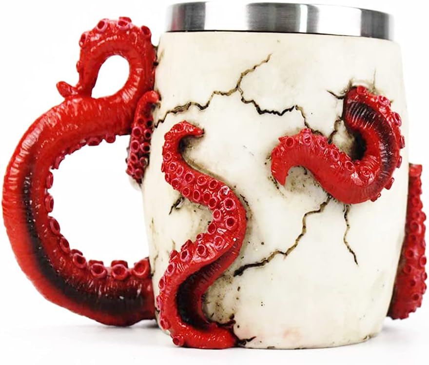 Skull Coffee Mugs with Handle Stainless Steel 3D Skull Beer Mug Realistic Resin Octopus Tentacle Beverage Drinking Cup Drinkware Mug Unique Gift for Men - 13oz