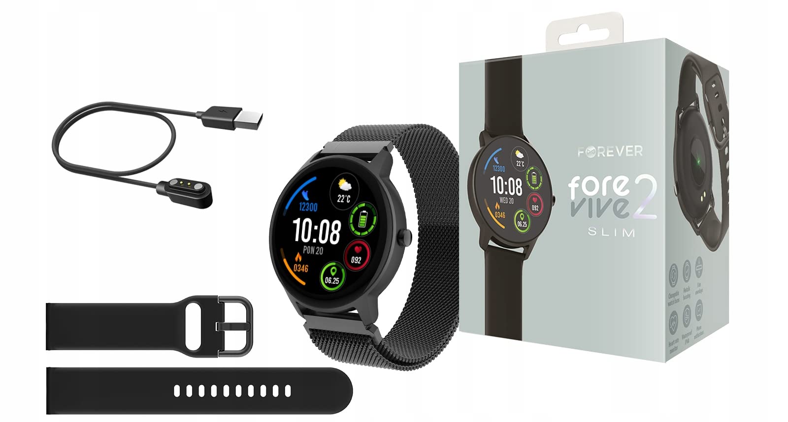 FOREVER Montre Smartwatch Bracelet de Sport SB-325 Bluetooth, contrôle de la Musique, podomètre, etc. IP67, Montre de Fitness, pulsomètre Slim (Noir)