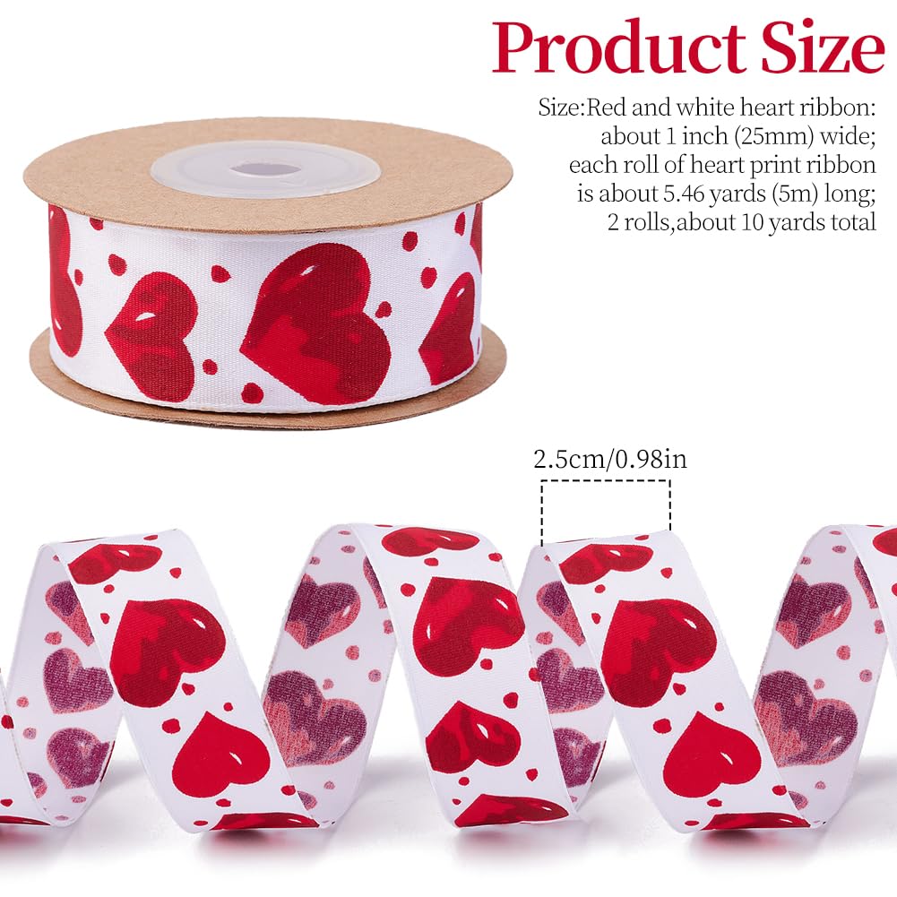 CABODYALS About 9.14M 1 Inch Red White Heart Ribbon Print Pattern Ribbon Single Face Polyester Satin Ribbons Bundle Rolls with Spool for Valentines Day Craft Wreath Decoration Wedding Gift Wrapping - Image 2