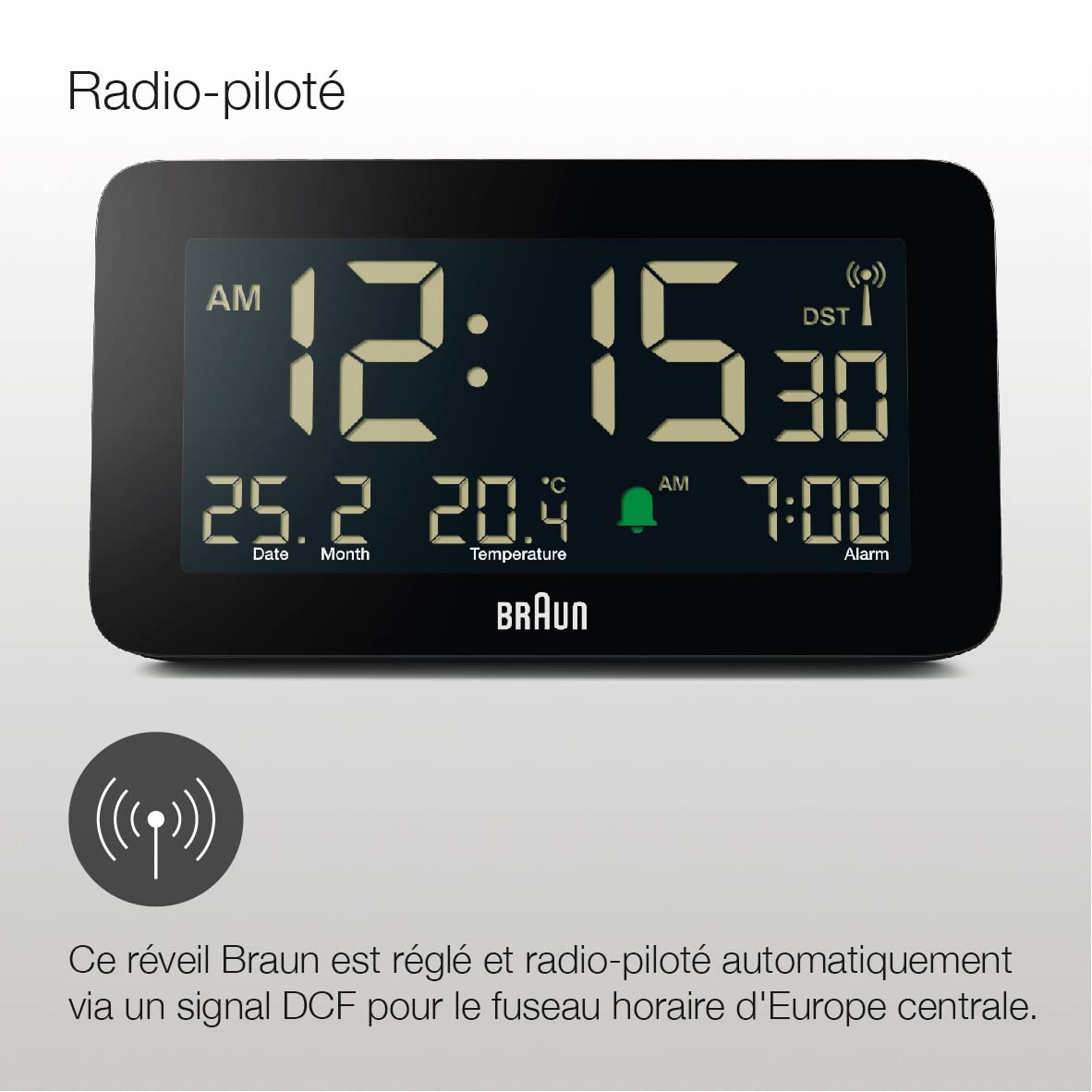Braun Réveil Radio-piloté pour Les fuseaux horaires d'europe Centrale (DCF) avec Affichage de la Date, du Mois et de la température, Alarme Crescendo, modèle BC10B-DCF Noir.