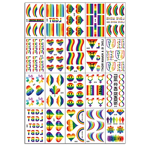 Beiling 20 Sheets Rainbow Lgbt Temporary Tattoos Stickers Pride Day Body Art Temporary Tattoos For Men Women Face Body Arm Waist Decoration Waterproof Stickers For Party Parade Wedding cover