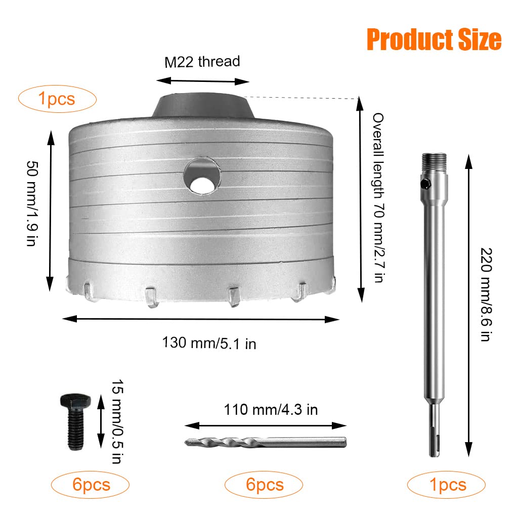 Fresa a Tazza Carotatrice Muro Cemento Ø 130 mm, Trapano per Calcestruzzo con Gambo Esteso SDS in Carburo di Tungsteno da 220 MM per Condizionatori D'aria, Cappe o Lavatrici Punzonatura di Tubi