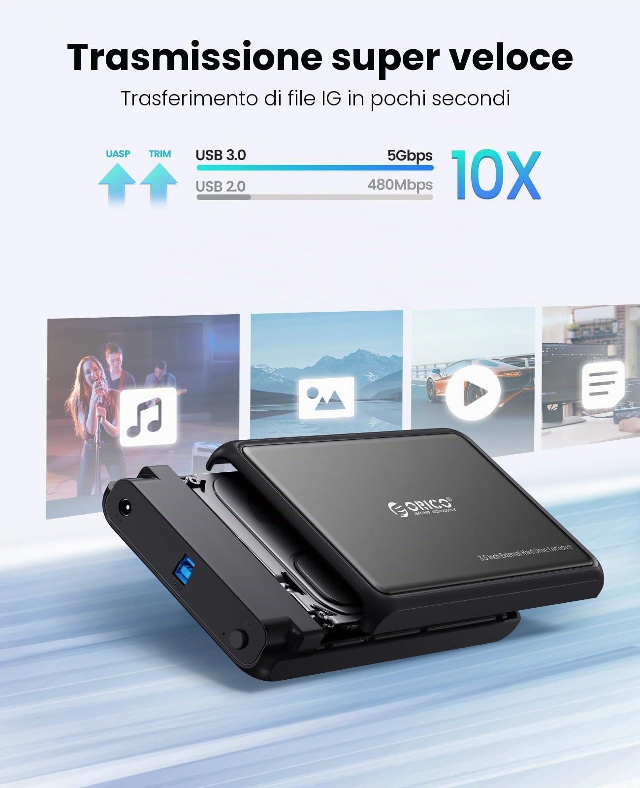ORICO Case HDD 3.5" SATA USB 3.0 Esterno Custodia Disco Rigido per HDD e SSD SATA da 2.5/3.5 Pollici, Supporta UASP e Drive da 20TB, Adattatore Corrente 12V/2A Incluso (Metallo + ABS/DDL35-U3)
