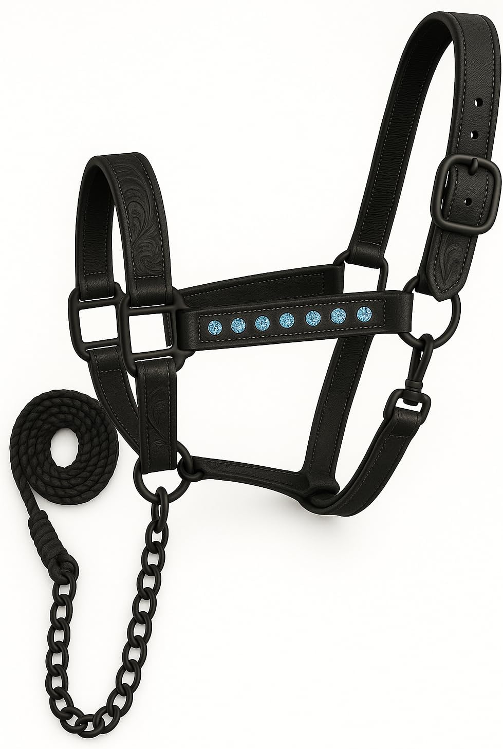 Handcrafted Leather Horse Halter – Tooled Design with Crystals, Cushioned Padding, Adjustable Fit, Chain Lead Pony M04