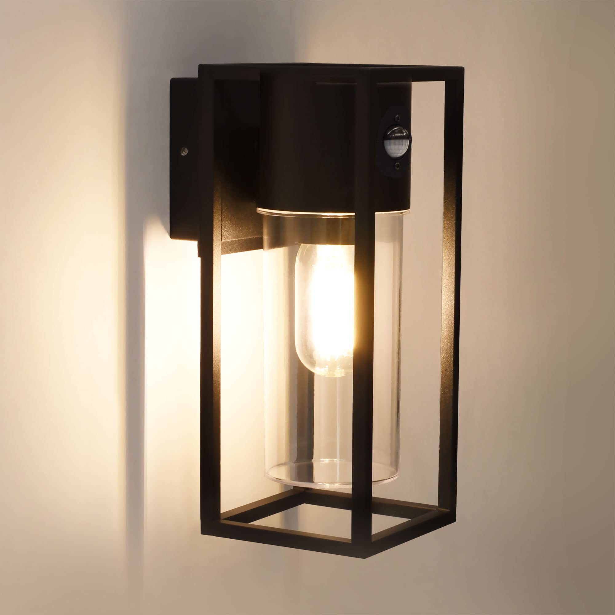 Maxkomfort Außenwandleuchte Wandlampe Außenleuchte E27 mit Bewegungsmelder Schwarz IP44 Beleuchtung Garten Sensor moderne Wandleuchte aus Aluminium 1845A1
