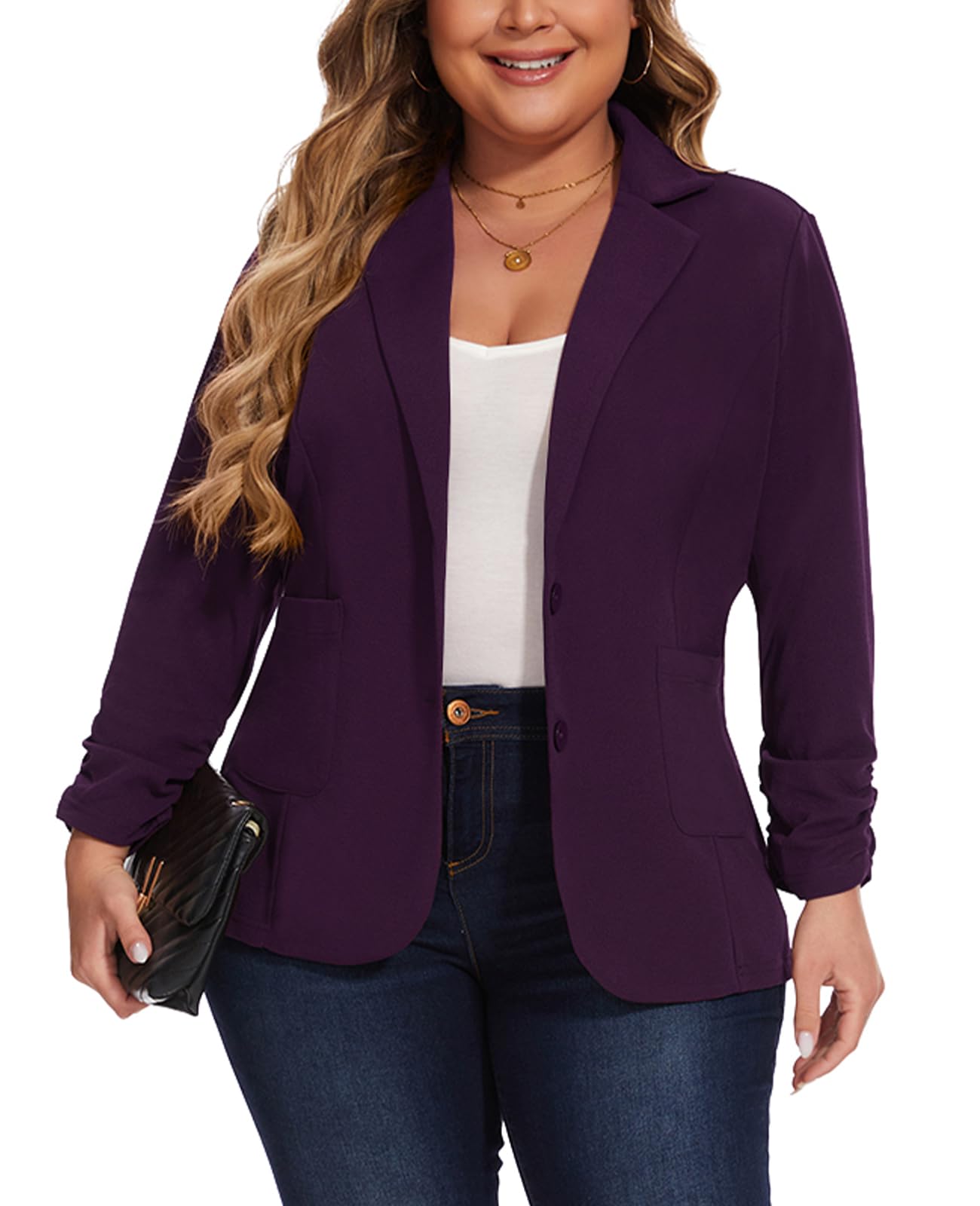 Blazer da donna taglie forti elegante 3/4 con maniche increspate giacche blazer slim fit giacca casual da lavoro con tasche con bottoni