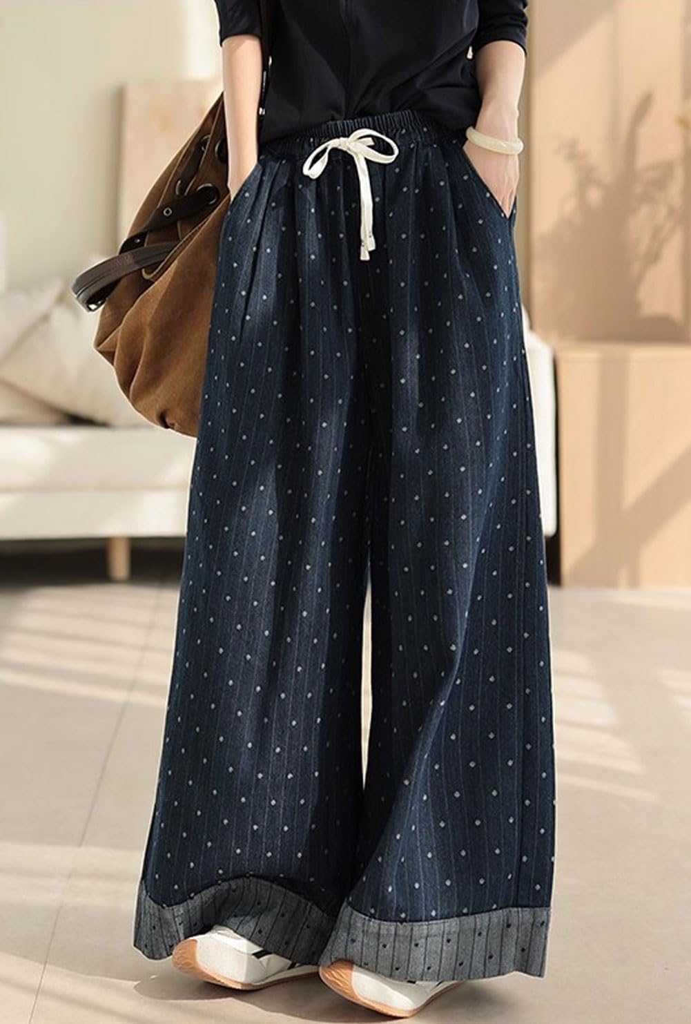 CHARTOU Wide Leg Denim Pants for Women Baggy Boyfriend Jeans Elastic High Waist Polka Dot Trousers