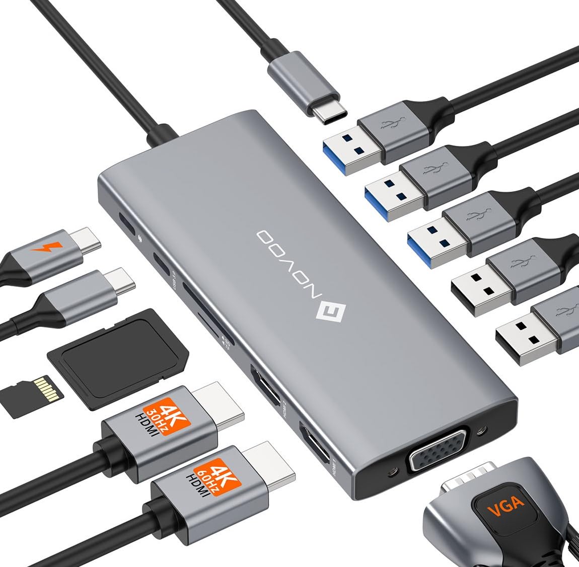 NOVOO Docking Station d'accueil USB C 12-en-1, Docking Station USB C, 2 HDMI, VGA, 5 USB Ports, 100W PD, Lecteur SD/TF, Compatible MacBook/Dell/HP/Surface