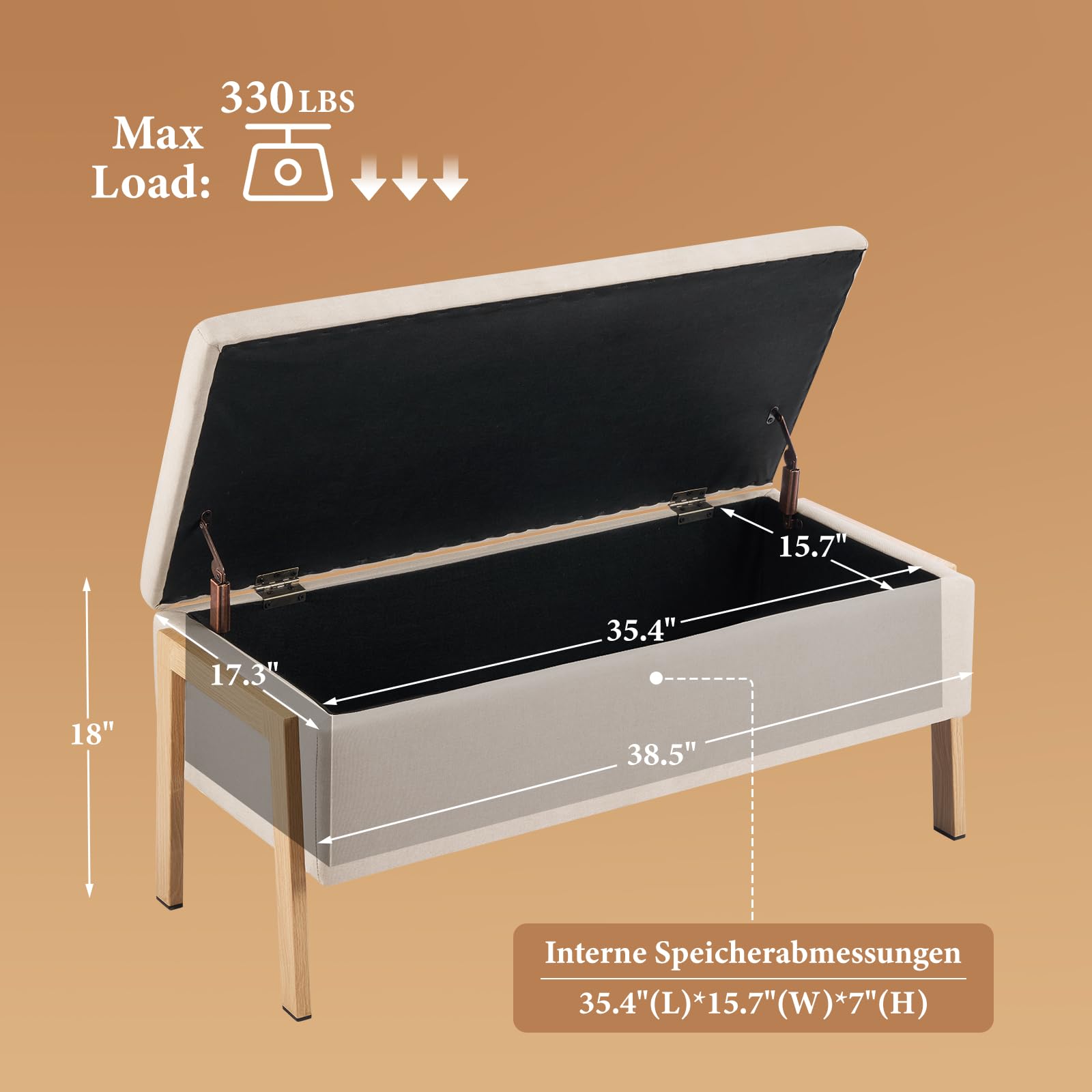 Sitzbank mit Stauraum 98cm, Sitzbank mit Beinen, Rechteckig, Aufbewahrungsbox, bis 300 kg belastbar, Gepolstert, mit Stauraum, Schlafzimmer, Flur, Polsterhocker, Leinen, Beige