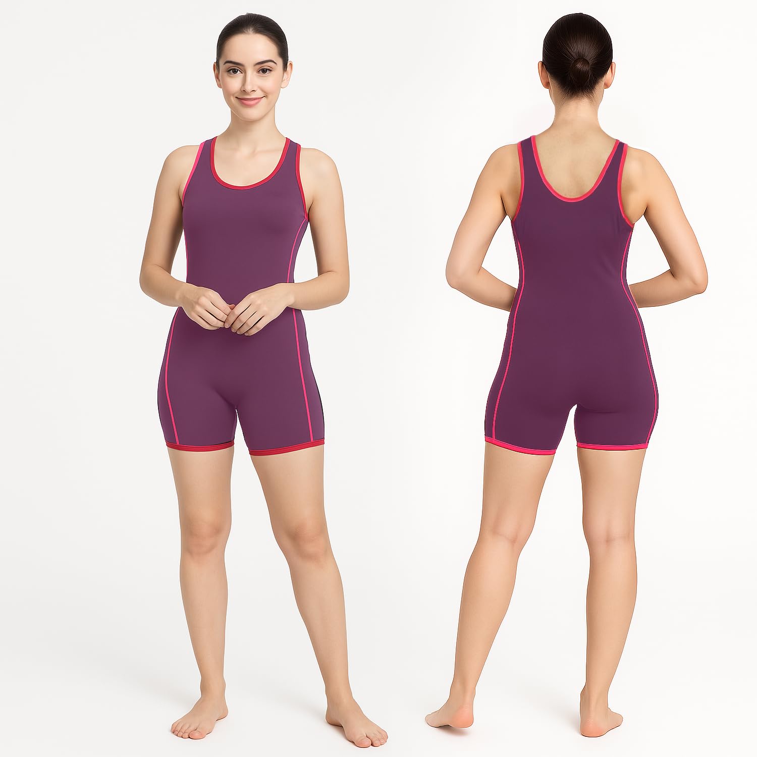 Hacer Romper Style Swimwear with Lining Padded Sleeveless Knee Length Bodysuit Swimming Costume One Piece Short Swimsuit for Pool Beach Women (L, 36, Wine)