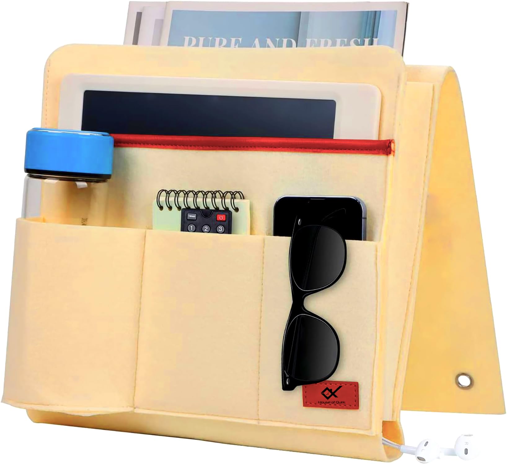 House of Quirk Bedside Caddy, 5 Pockets Remote Control Holder Bed Sofa storage, Tablet Phone Magazine organizer Side Pocket Large (Beige)