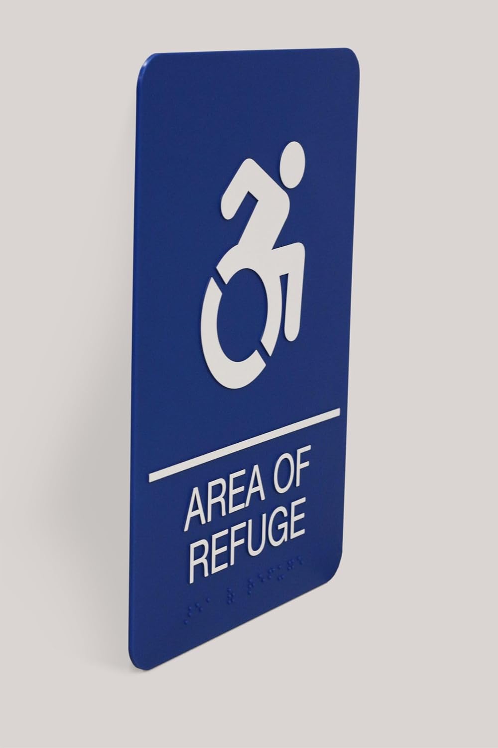 Headline Sign Dynamic AREA OF REFUGE Accessible ADA Sign, Raised White Letters Braille and International Symbols, Rigid Plastic with Mounting Tape included, Made in USA, 6" x 9" x 1/8" Blue