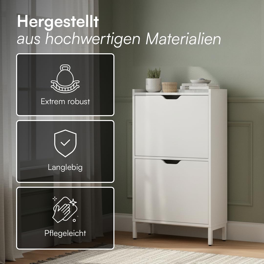 Bellamio Ceyhan Schuhschrank mit 2 Klappen – Schuhkipper weiß aus Holz – Schuhregal schmal 50x19x90cm – platzsparender Flurschrank mit 2 geschlossenen Fächern – Schuhkommode für Flur/Garderobe