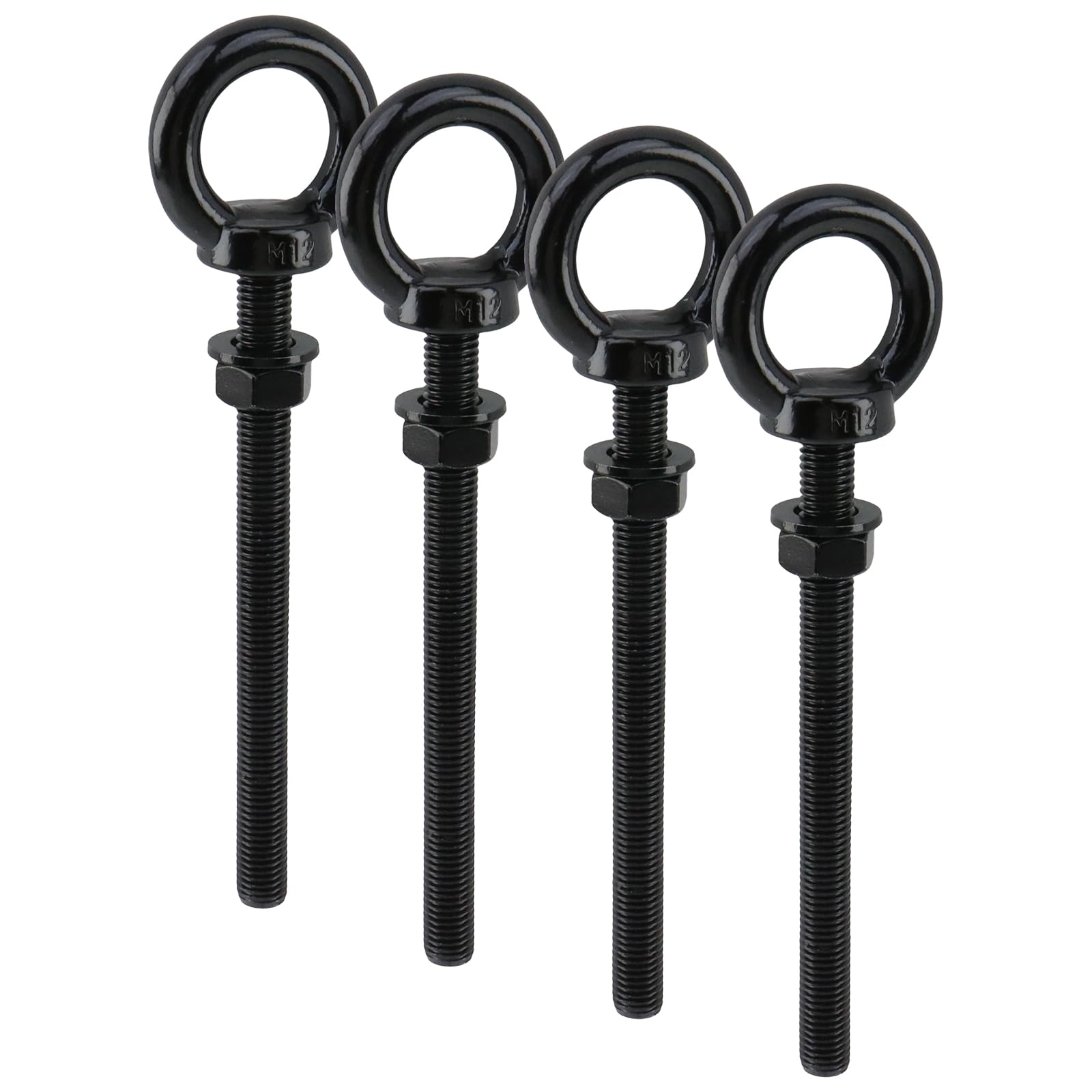 Dnyta 4 Pcs M12 Stainless Steel Eye Bolt, M12 x 150mm (1/2" x 6") Long Mechanical Eye Bolts with Washers and Hexagonal Nuts, Heavy Duty Shoulder Lifting Ring Threaded Eyebolts, Black