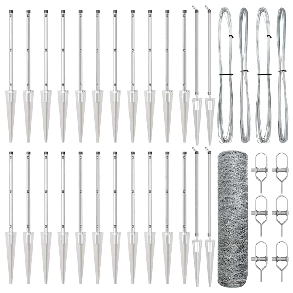 Garden Fence Post Silver Steel 50 x 0.6 m 50 mm Mesh Outdoor Security Barrier Kit with 26 Spikes for Yard Terrace Enclosure Corrosion Resistant