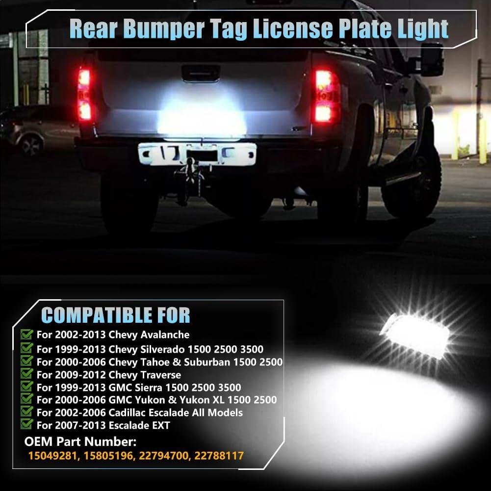 LED License Plate Light for Chevy Silverado 1500 2500 3500 Suburban Tahoe GMC Sierra Yukon XL Cadi-llac Escalade Pickup Truck, Chrome Housing Led Rear Tag Lamp, 6000K Xenon White Lights, 2 PCS