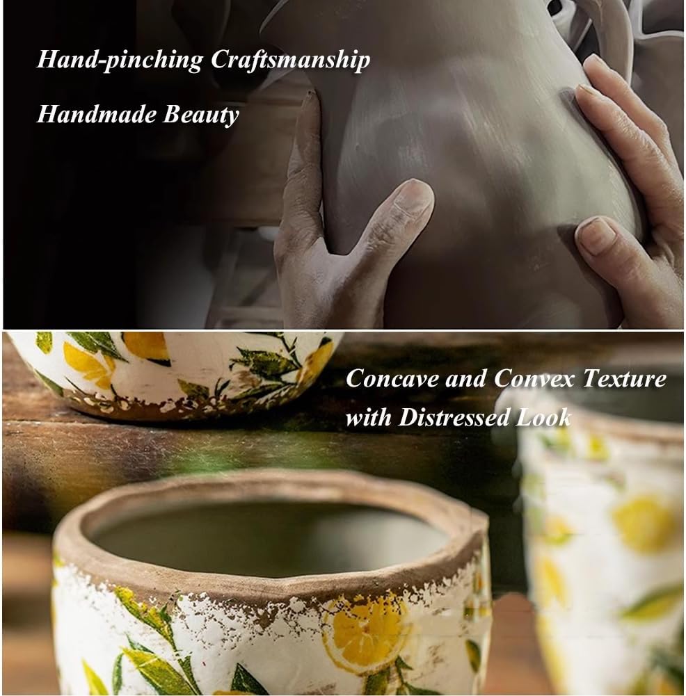 Reto Rustic Ceramic Flower Pots for Garden Plants and Succulents,Distressed Cracked Glazed Planters with Drainage Holes Tuscan Flower Pots for Outdoor,Yellows,with Hole
