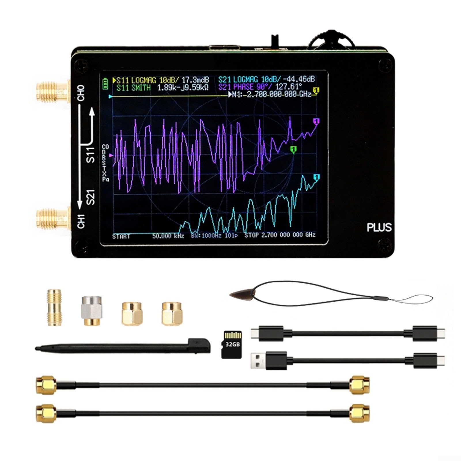 KiraKira Vector Network Analyzer 50 kHz – do 2,7 GHz, przenośny ręczny tester anteny VNA HF VHF UHF, do wyświetlacza 2,8 cala, 1000 mAh, zestaw złączy (bez karty pamięci)