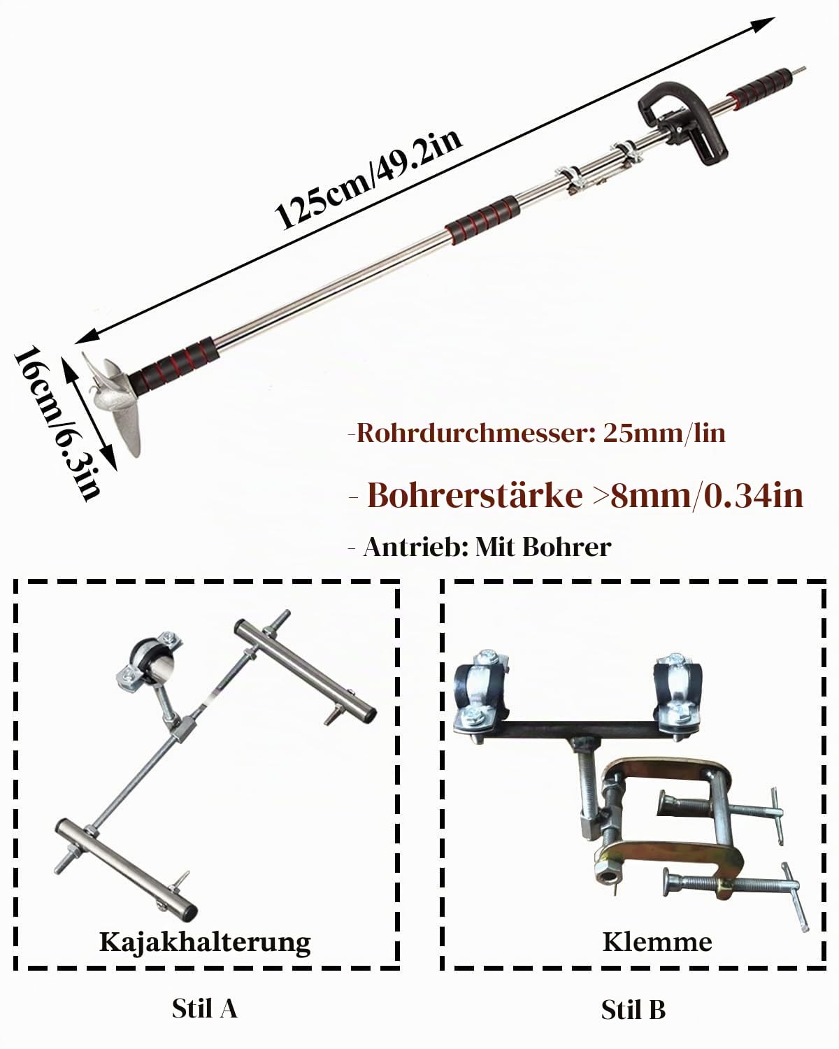 Außenborder Motor Batterie für Elektro-Trolling-Motor, Angelboot, Elektro-Außenbordmotor für Paddle-Boards, Hand-Kajak-Motor, Notpaddel für Seeteiche(With Bracket,L-125cm(49 1/4"))