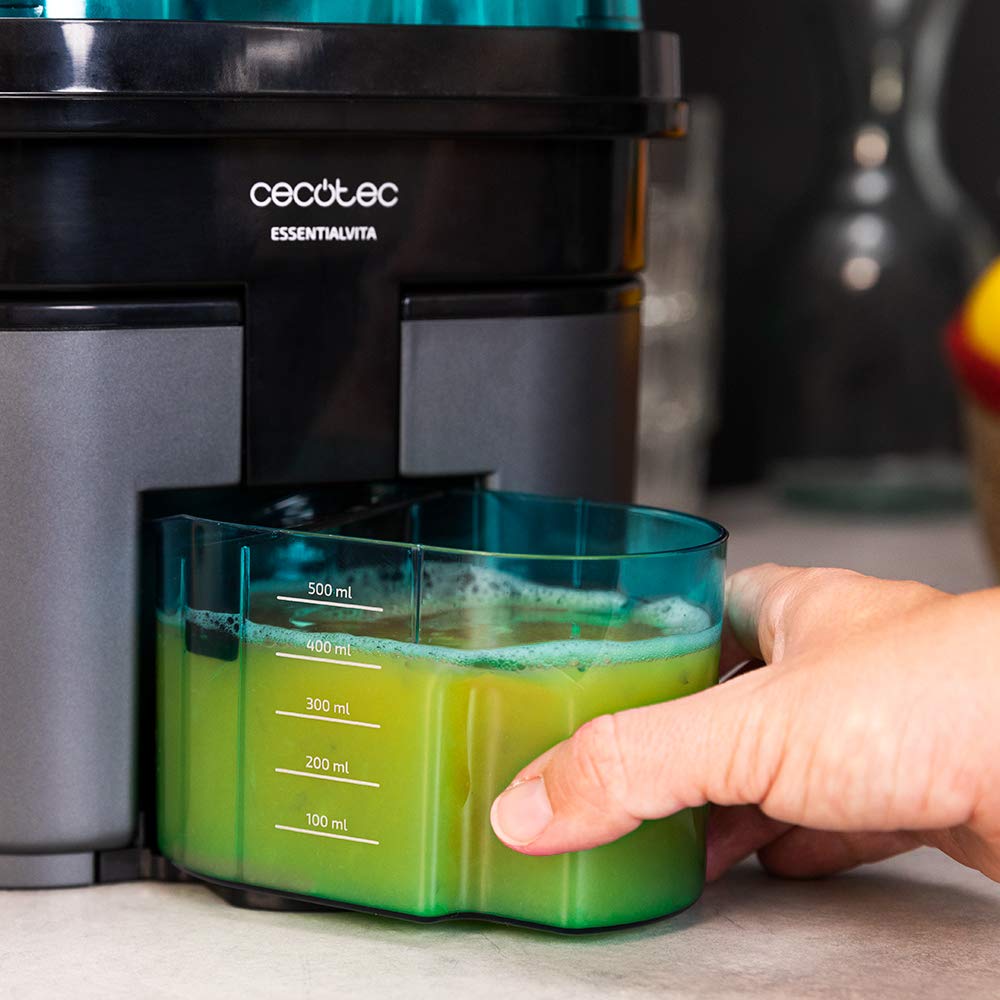 Cecotec Elektrische Orangenpresse EssentialVita Twice Black. 90 W, Doppelkopf und -schneider, Fruchtfleischfilter, 500-ml-Glas, spülmaschinenfeste Teile