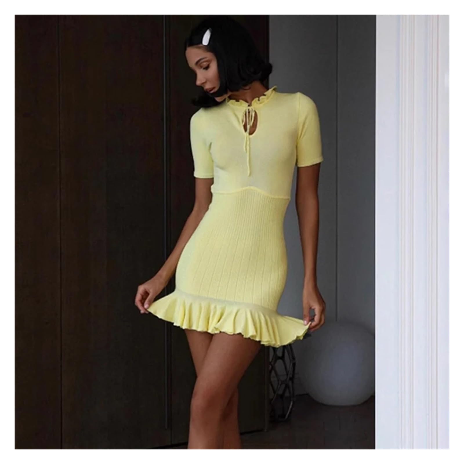 Vestido Deportivo Vestido Mini de Punto con Volantes for Mujer, Vestido Verano Encaje, Cintura Alta y Manga Corta Vestido Padel Mujer(Yellow,L)