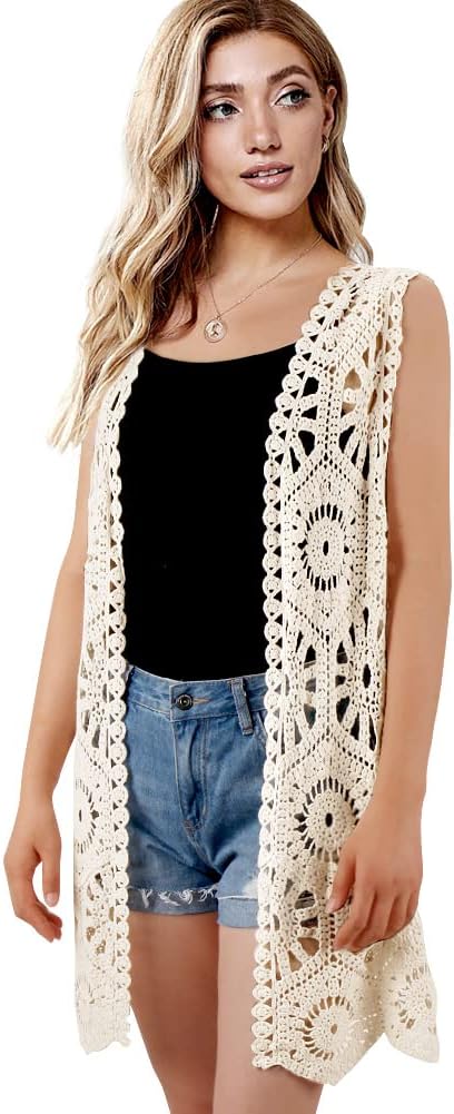 Womens Floral Crochet Lace Boho Trim Sleeveless Open Front Vest Cardigan