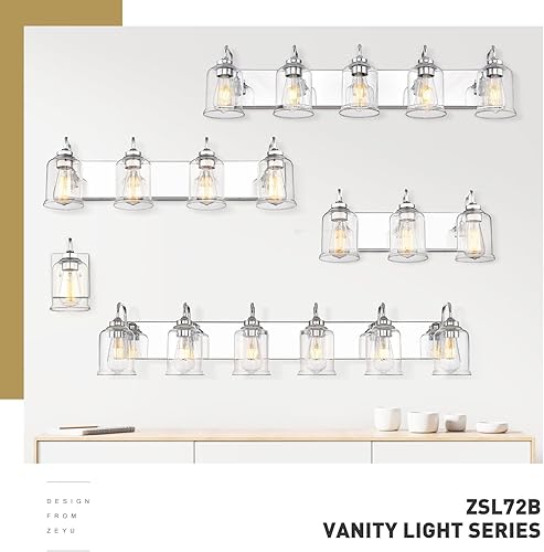 Miniatura 3 de zeyu ZSL72B-3W CH - Luces de tocador modernas de 3 luces para baño, 20.5 pulgadas, luces industriales de baño sobre espejo con pantalla de vidrio