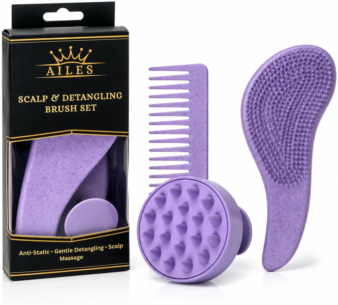 AILES 3-in-1 Set – Detangling, Scalp Massager Brush, Wide Tooth Comb | Reduces Breakage, Stimulates Scalp & Promotes Healthy Hair Growth – for Women, Men, Kids | for All Hair Types(Purple)