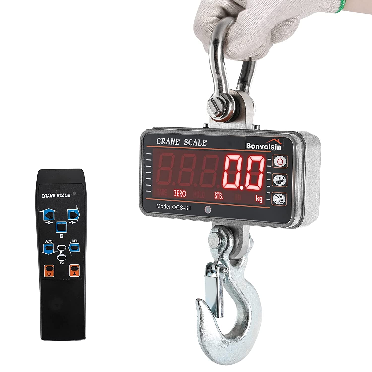Bonvoisin Digitalkranwaage Industrielle Schwere Federungswaage mit Fernbedienung Tragbare Elektronische Waage 5 LED-Anzeige (Silver,1000kg)