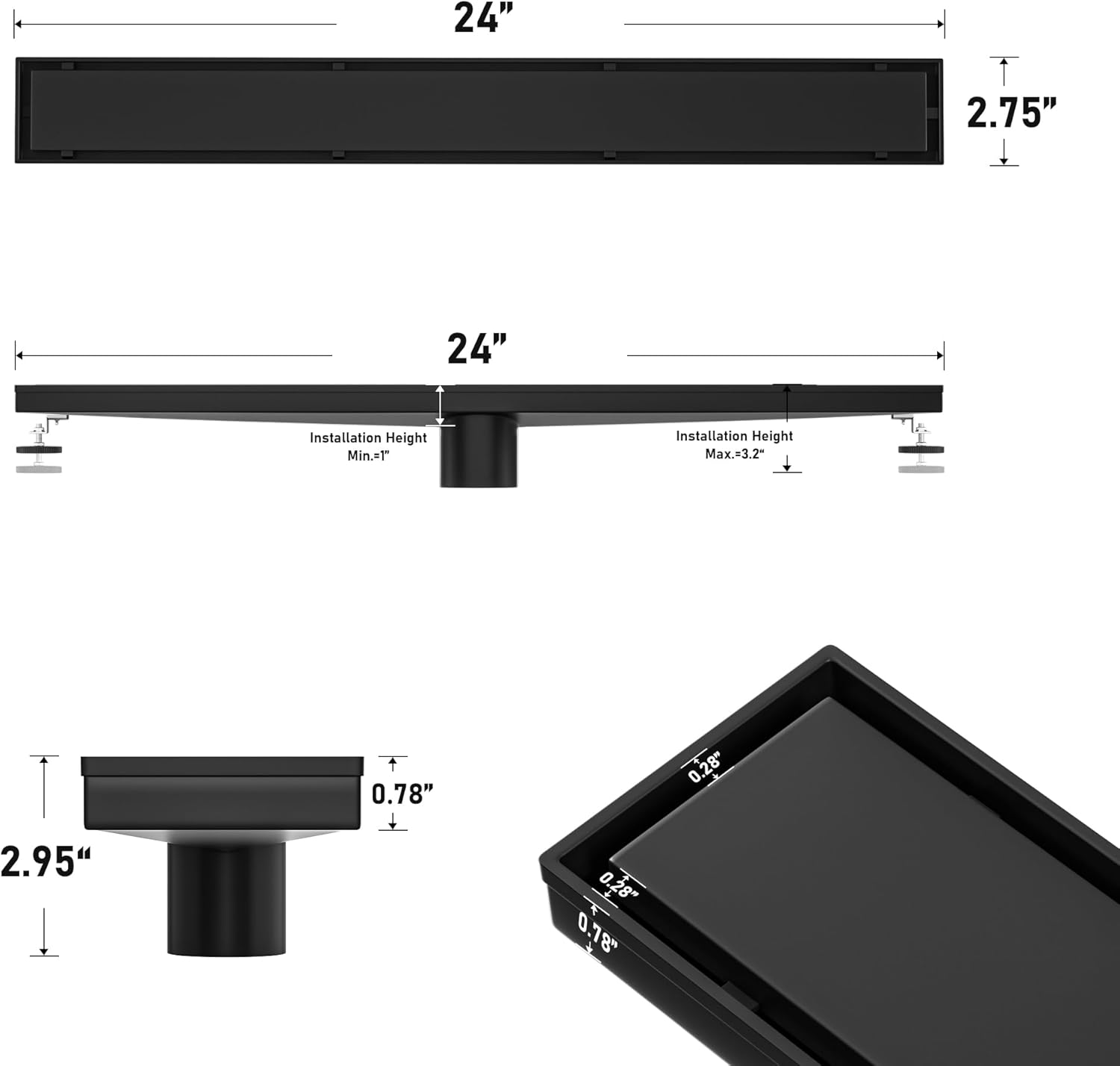Linear Shower Drain 24" Matte Black 304 Stainless Steel | Fast Drainage | Tile Inserted | Stainless Floor Drain Grate | Hair Strainer | Drain Key | The Upgrade for Your Bathroom