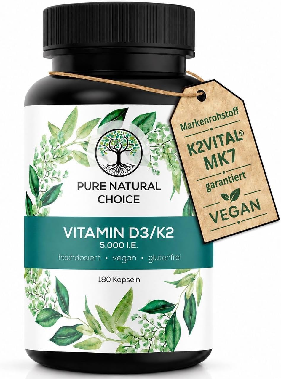 Vitamin D3 + K2 Depot–180 vegane D3 Kapseln–Premium-Qualität: K2VITAL® von Kappa – 99,7+% All-Trans K2-MK7 + 5000 IE Vitamin D3 – hochdosiert, ohne Zusätze – TÜV geprüfte Qualität (2 x 180 Kapseln)