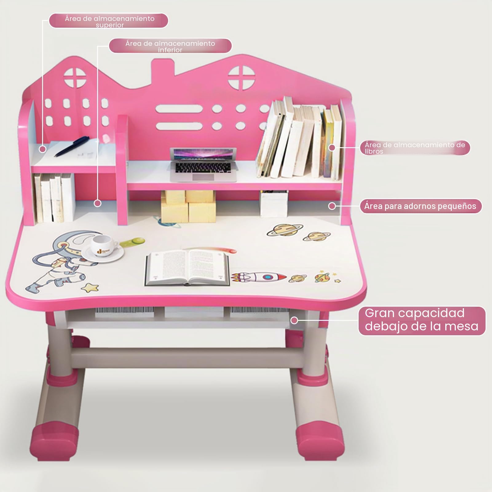 Escritorio de Estudio para Niños y Niñas con Silla Rosa Ajustable y Almacenamiento