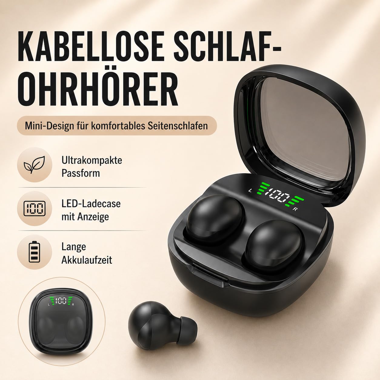 Micool Unsichtbarer Schlaf-kabelloser Kopfhörer, wasserdichte Bluetooth-Ohrhörer, leichte Schlafkopfhörer Bluetooth, schmerzlose, unsichtbare Schlaf-Kopfhörer für empfindlichen Schlaf, lange