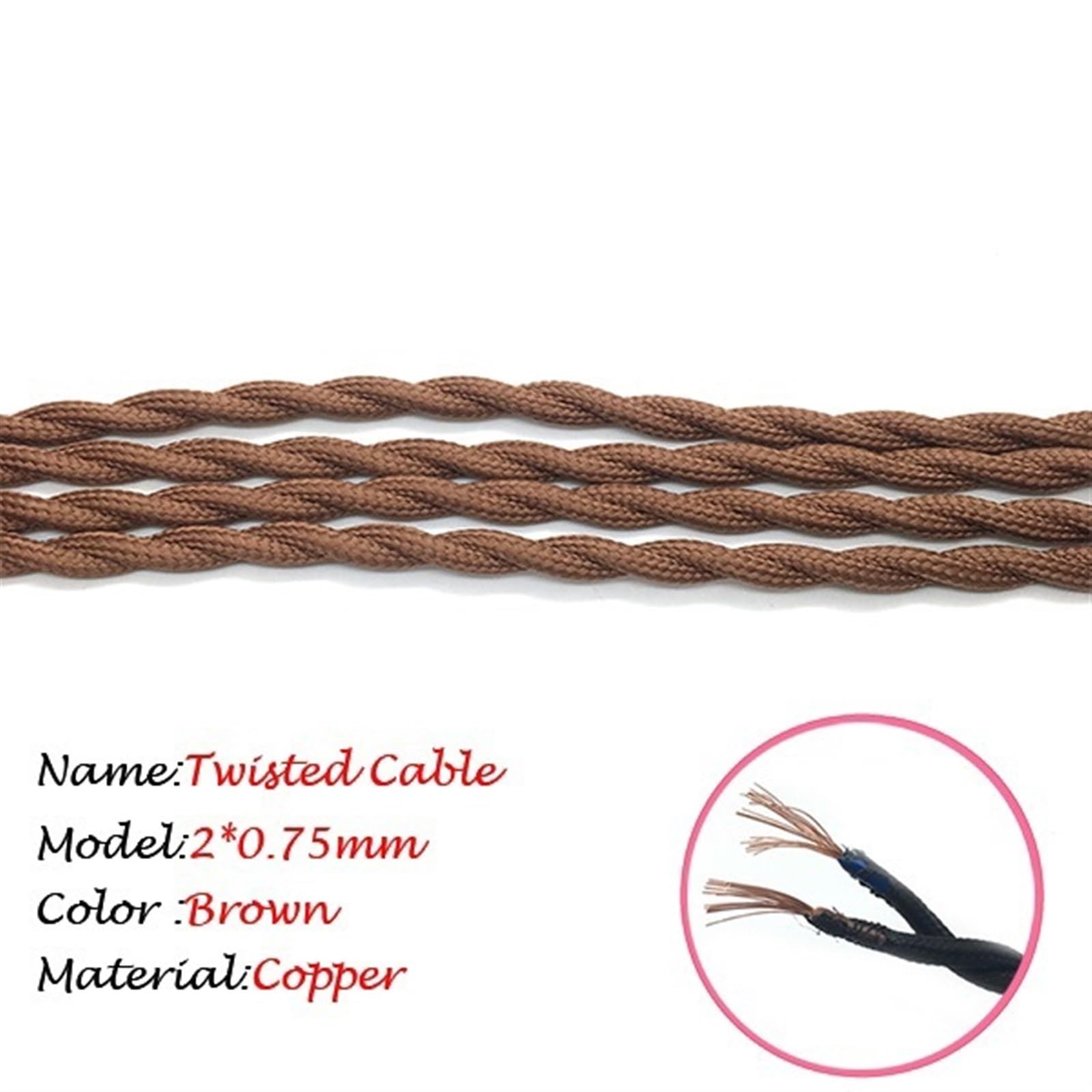 przewody, 5 metrów 2 x 0,75 mm bawełniany oplot przemysłowy kabel do lamp pokryty tkaniną elektryczną(Brown)