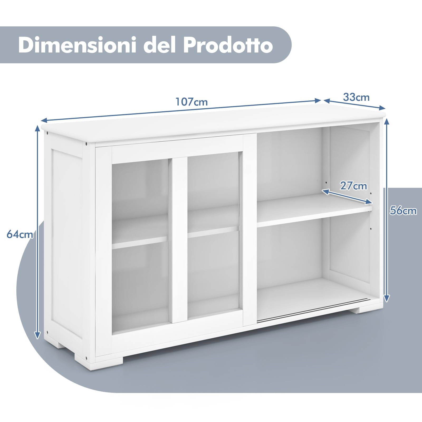 COSTWAY Armadietto da Cucina Mobile Laterale Multiuso con Ante Scorrevoli, in MDF e Vetro, 106,5 x 33 x 62,5 cm (Bianco)