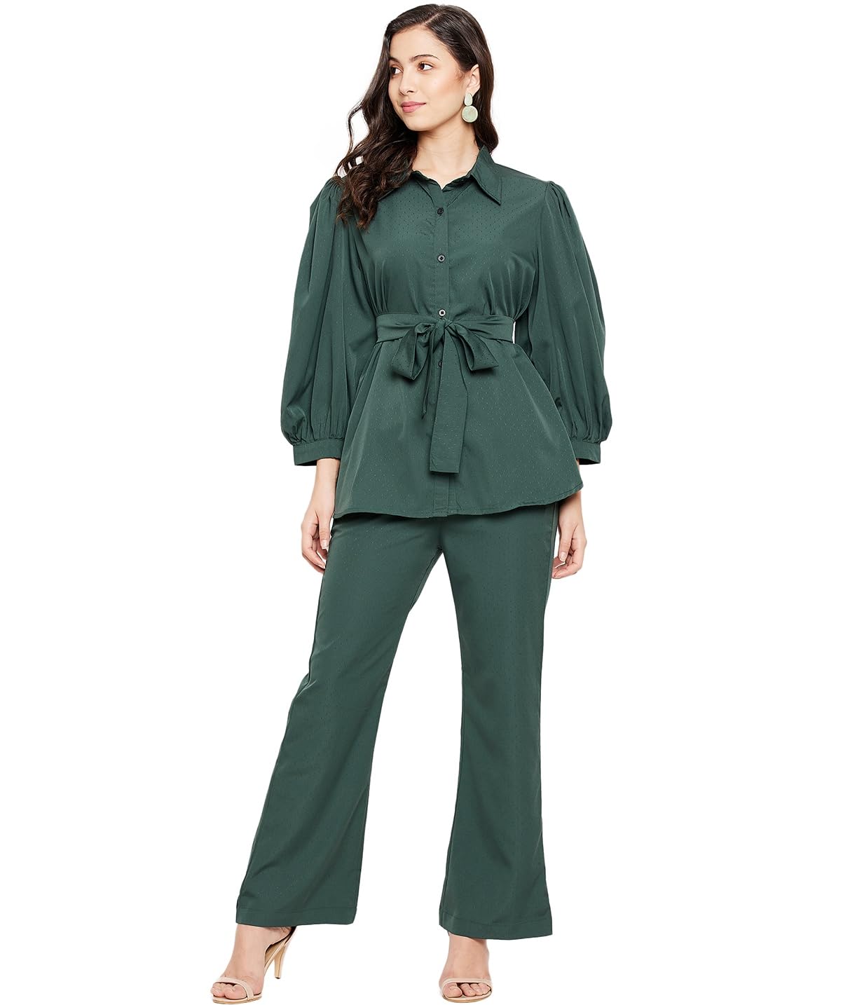 Fashfun Women's co-ord Set (Solid Crepe tie-up Shirt and Bootcut Pant Set)