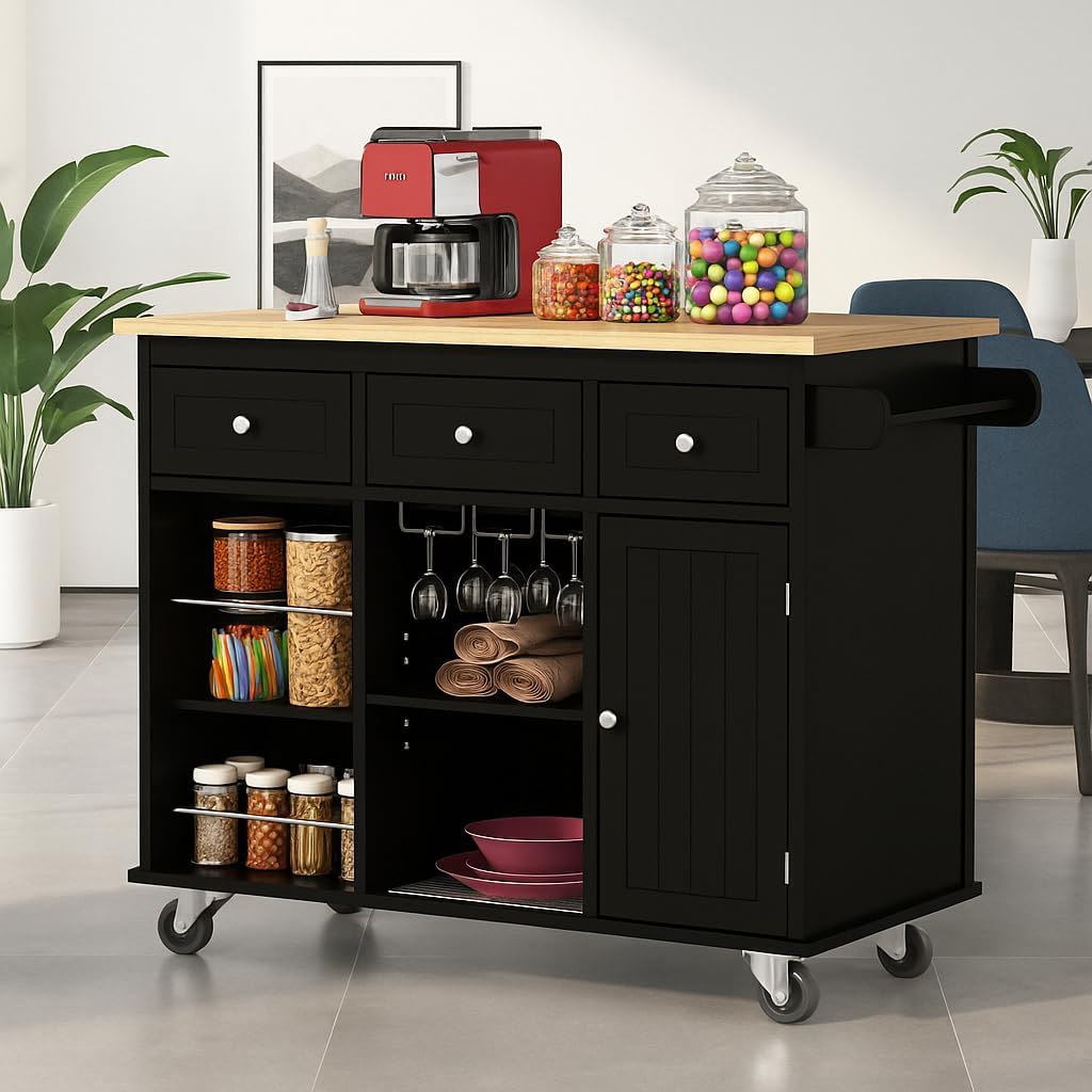 Kitchen Island with Power Outlet,Kitchen Storage Island with Drop Leaf and Rubber Wood,Wine Rack,5 Wheels,with Adjustable Storage for Home, Kitchen, and Dining Room, Black
