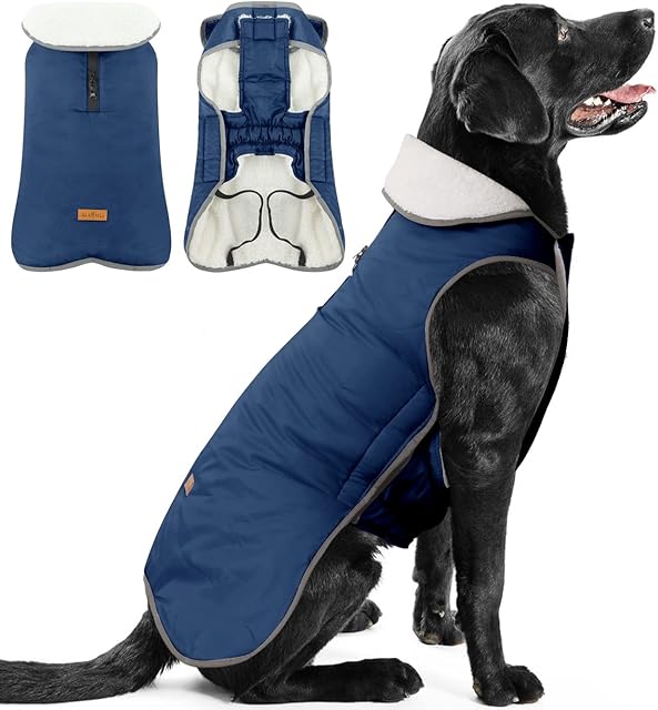 ALAGIRLS Reflective Dog Coat with Harness, Waterproof Dog Jacket Fleece Dog Coats, XXXL Dog Jacket for Extra Large Dogs, Cold Weather Labrador Waterproof Dog Coats, Navy XXXL